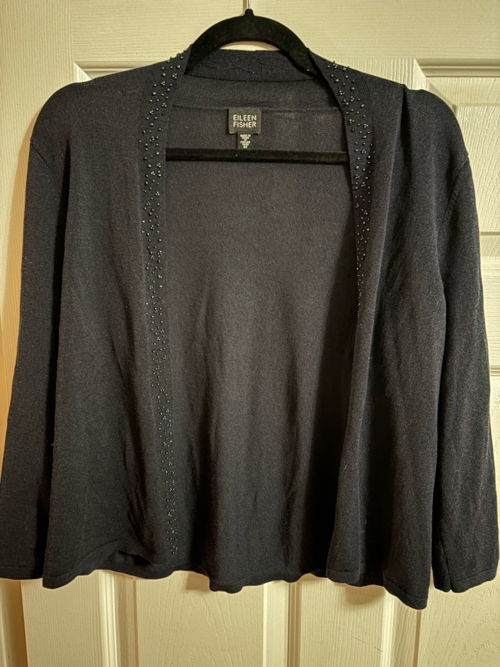 Eileen Fisher Beaded Open Front Cardigan Navy Cottagecore Italian yarn M